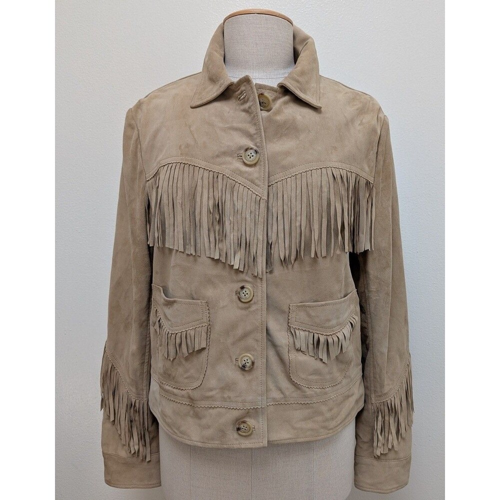 Lauren Ralph Lauren Beige Suede Fringe Varsity Jacket - Picture 2 of 7